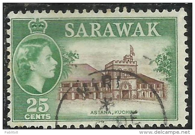SARAWAK 1955 1957 QUEEN ELIZABETH  REGINA Astana, Kuching (Governor’s Residence CENT. 25 25c USATO USED OBLITERE´ - Sarawak (...-1963)