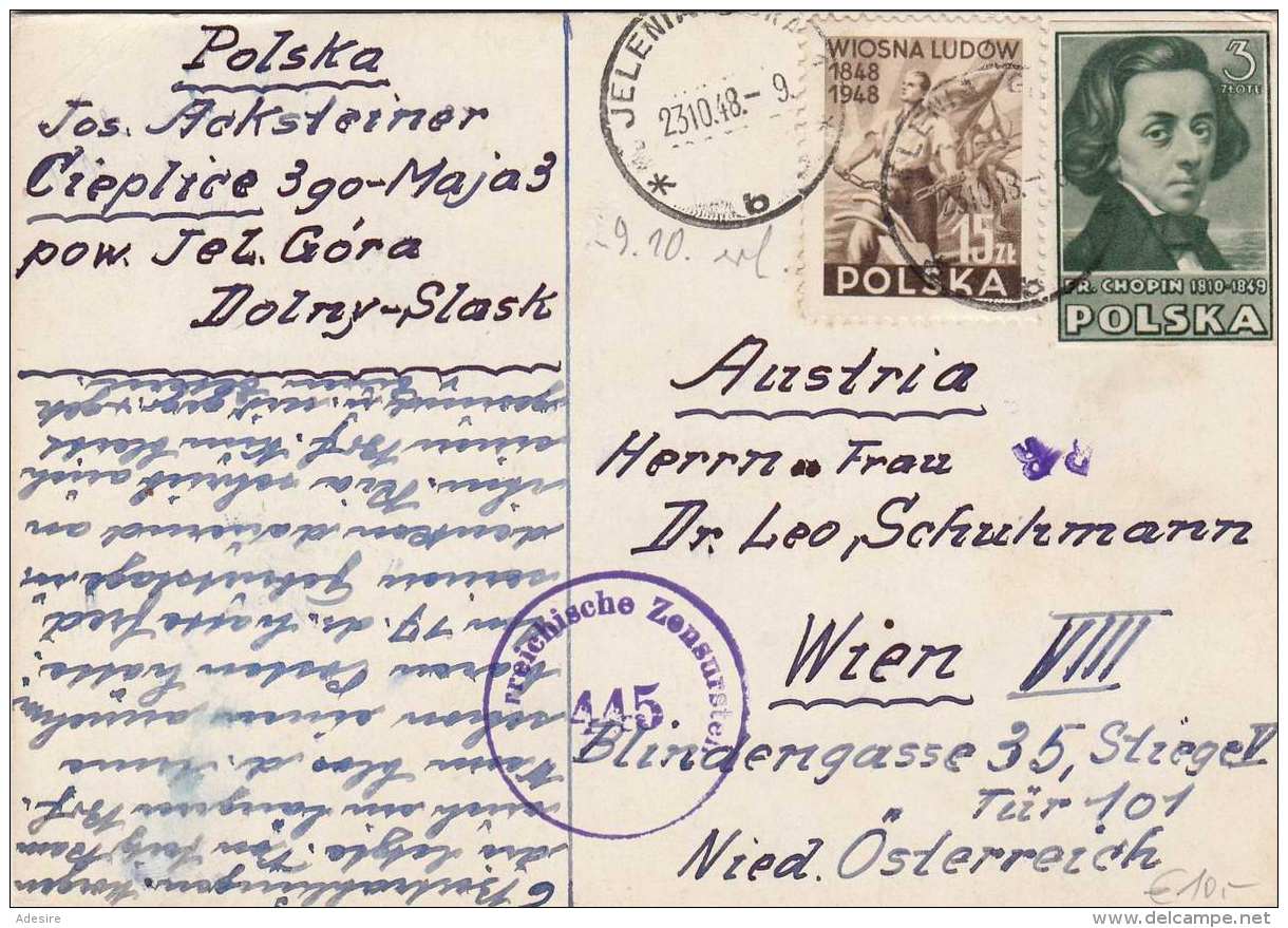 POLSKA 1948 - 2 Sondermarken Auf Pk Gel.v.Jelenia? &gt; Wien, Österr,Zensurstempel 445 - Briefe U. Dokumente