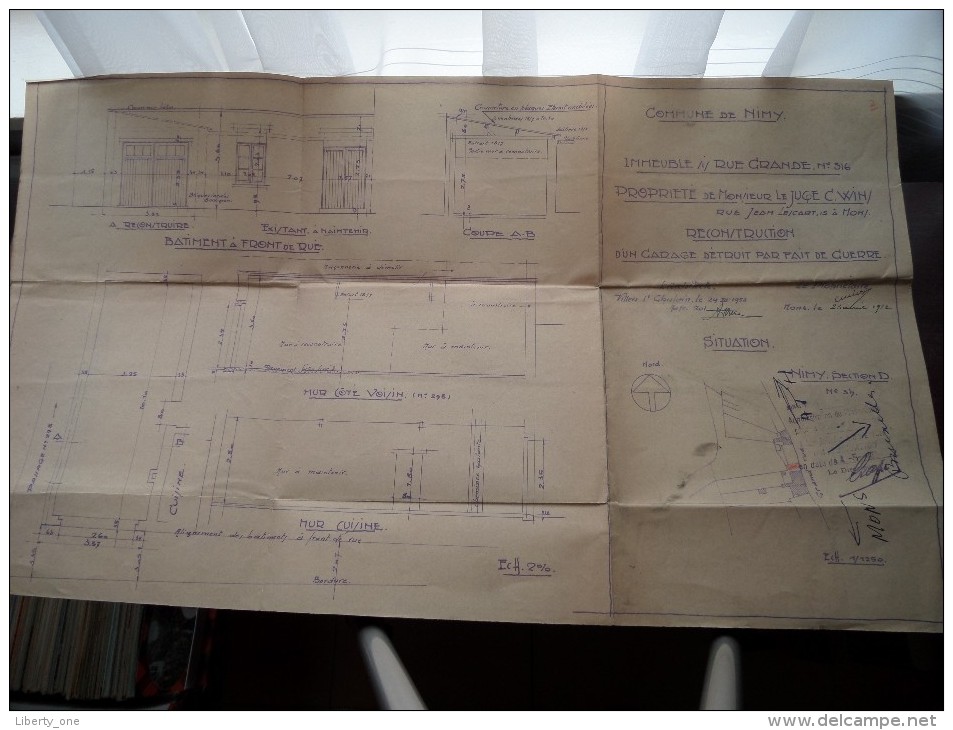 Commune De NIMY Rue GRANDE N° 316 ( Réconstruction ) Schaal 1/1250 - Anno 1952 ( Zie Foto´s Voor Detail ) ! - Arquitectura