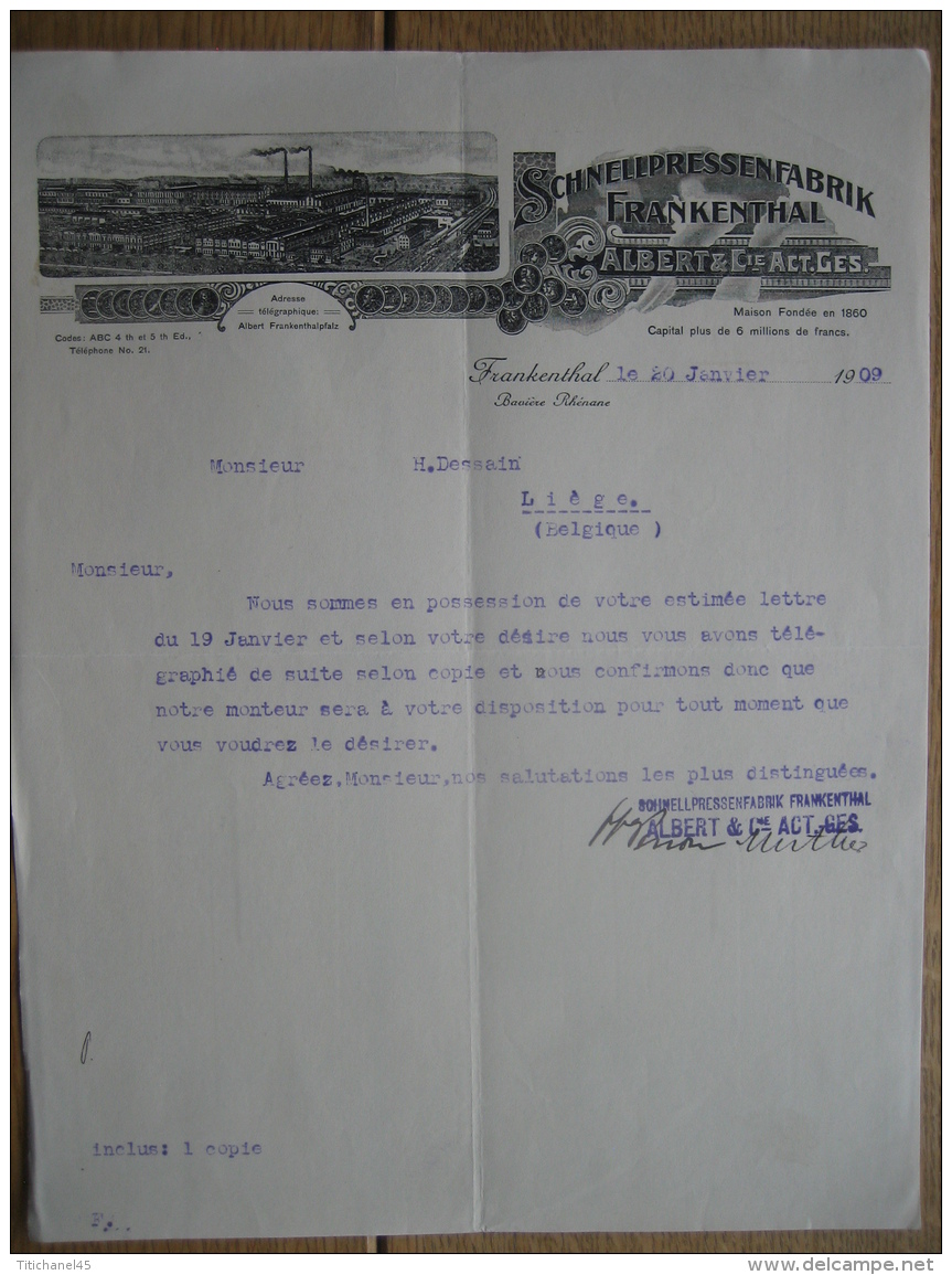 Brief 1909 - FRANKENTHAL - ALBERT & Cie - Schnellpressenfabrik - 1900 – 1949