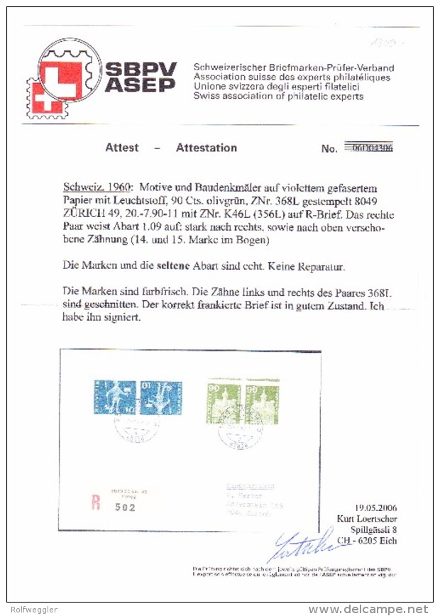 Schweiz 1960 Abart #368L Und 356L Auf R-Brief  Attest Loetscher - Lettres & Documents
