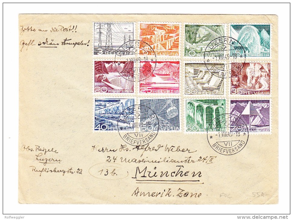 Schweiz Luzern 1.8.1949 Brief Nach München Am. Zone Mit #297 Bis 308 Serie Technik Und Landschaft FDC - Lettres & Documents