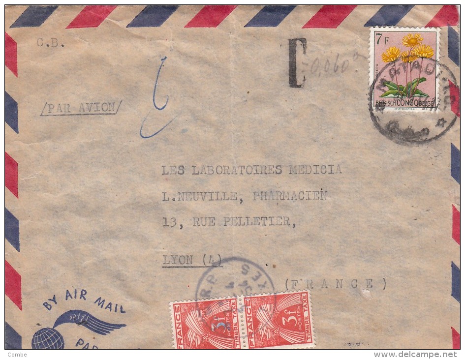 1954 LETTRE CONGO BELGE. MATADI POUR LYON TAXE GERBE 2x 3Frs  / 3326 - Autres & Non Classés