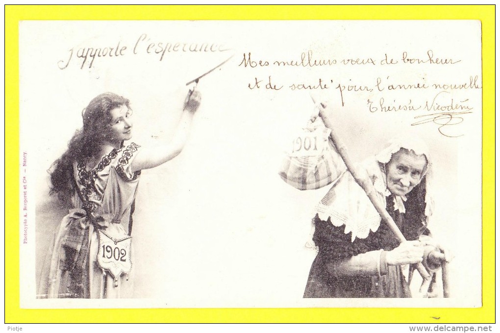 * Fantaisie - Fantasy - Fantasie * (A. Bergeret) J'apporte L'espérance, 1901 - 1902, Vieille Femme, Rare, Old - Nouvel An