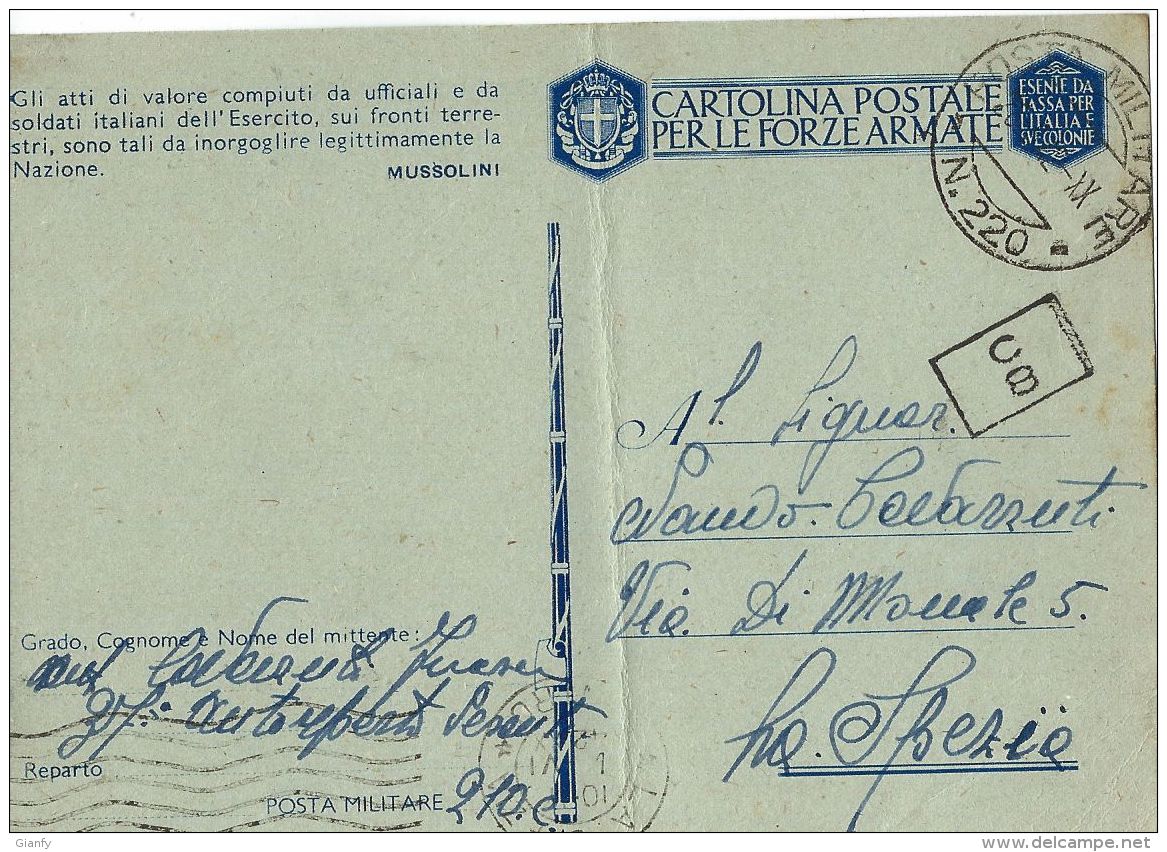 FRANCHIGIA WWII POSTA MILITARE 220 1942 TRIPOLI LIBIA PM 210 X LA SPEZIA - Military Mail (PM)