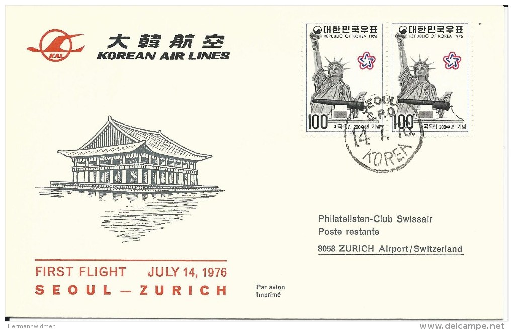 RF 76.13, Korean Air Lines, Seoul - Zurich, DC-10, 1976 - First Flight Covers