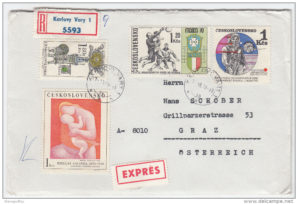 Soccer Stamps On Cover Travelled 1970 Czechoslovakia To Austria Registered Bb160429 - 1970 – Mexico