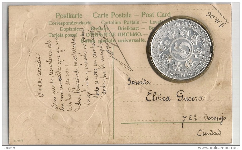 CPA 1906 - MONNAIE ALUMINUM DE CHANCE - AVEC NUMERO 13 Et Trèfles 4 Feuilles - - Coins (pictures)