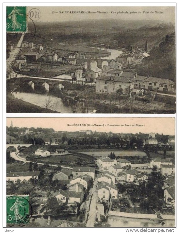 Saint Léonard: 2 Cartes, Vue Générale Et Faubourg Du Pont De Noblat - Saint Leonard De Noblat