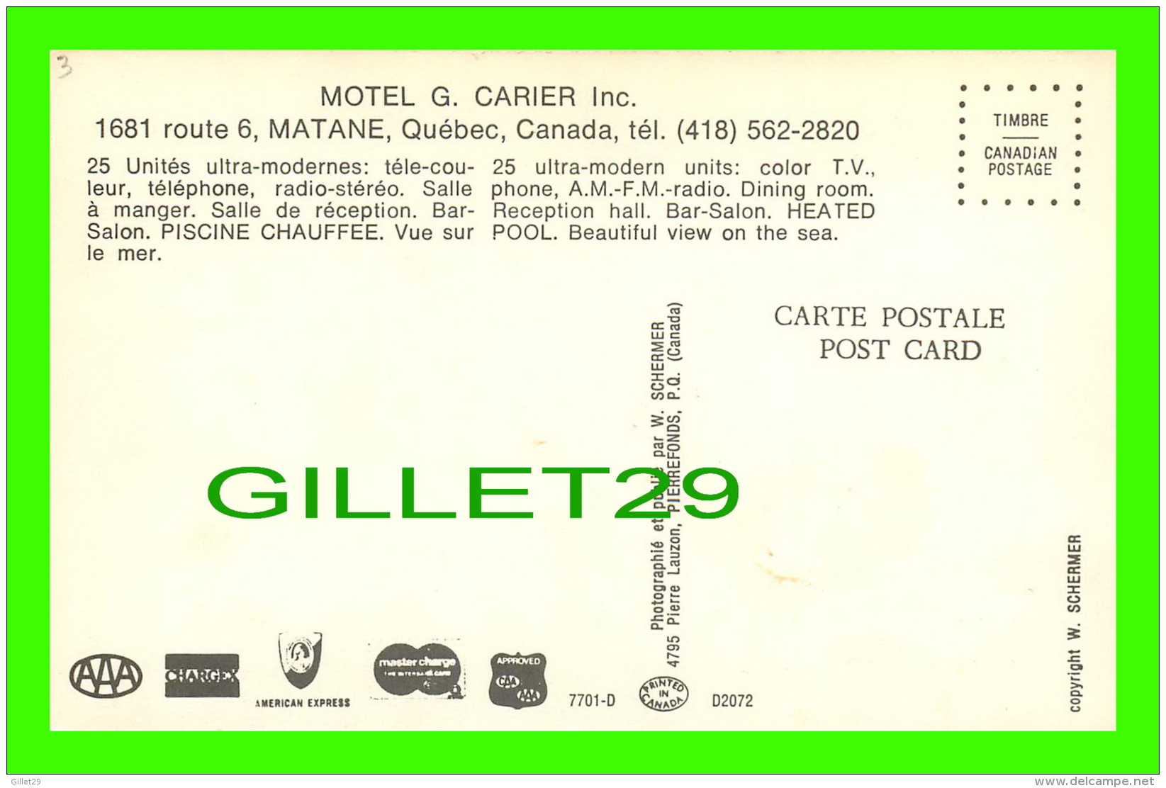 MATANE, QUÉBEC -  MOTEL G. CARIER INC - ANIMÉE -  W. SCHERMER - - Autres & Non Classés