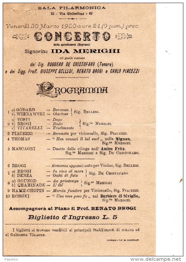 1900  SALA FILARMONICA - CONCERTO DELLA QUINDICENNE SOPRANO IDA MERIGHI - Programs