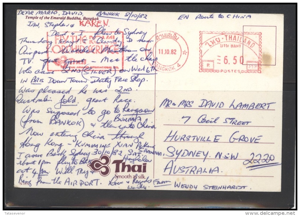 THAILAND Post Card Brief Postal History TH 001 Temple Meter Mark Franking Machine Thai Airways Aviation - Tailandia