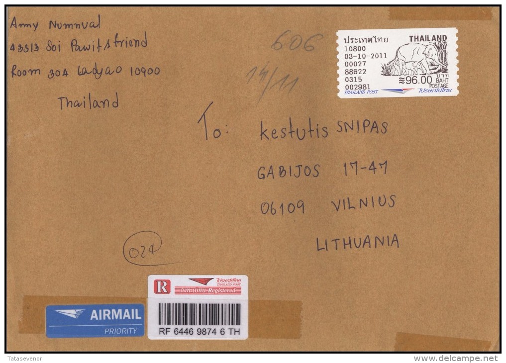 THAILAND Cover Brief Postal History TH 005 Air Mail ATM Automatic Stamp Fauna Elephant - Tailandia