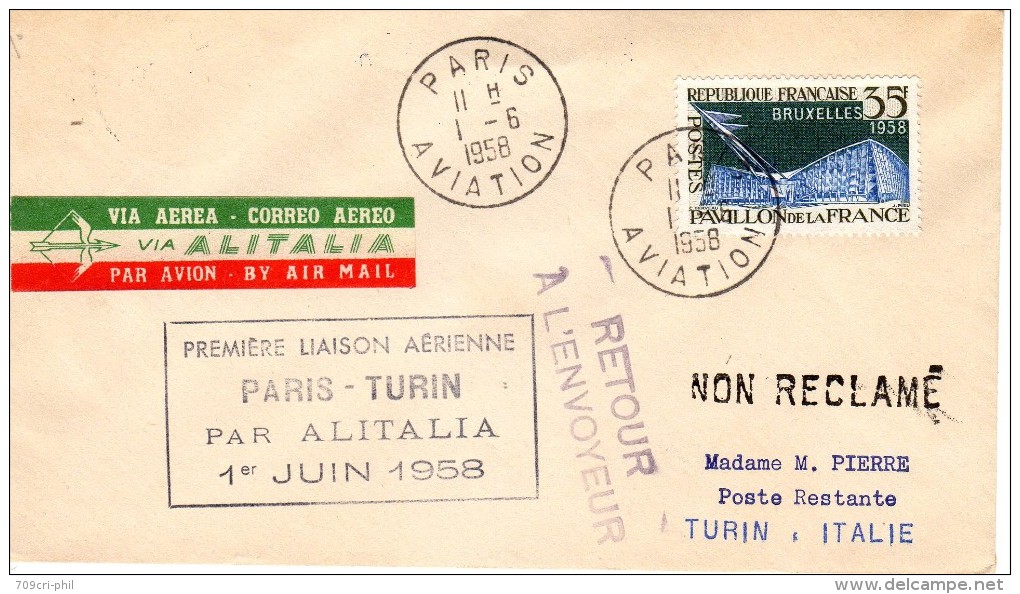 1er Vol Inaugurale PARIS - TURIN  Ligne Par  ALITALIA 1- 6 -1958 TTB - Premiers Vols