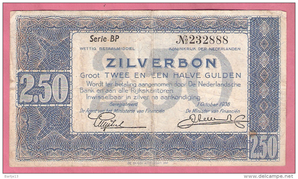 NEDERLAND 2 1/2 GULDEN 1938 ZILVERBON - 2 1/2 Gulden