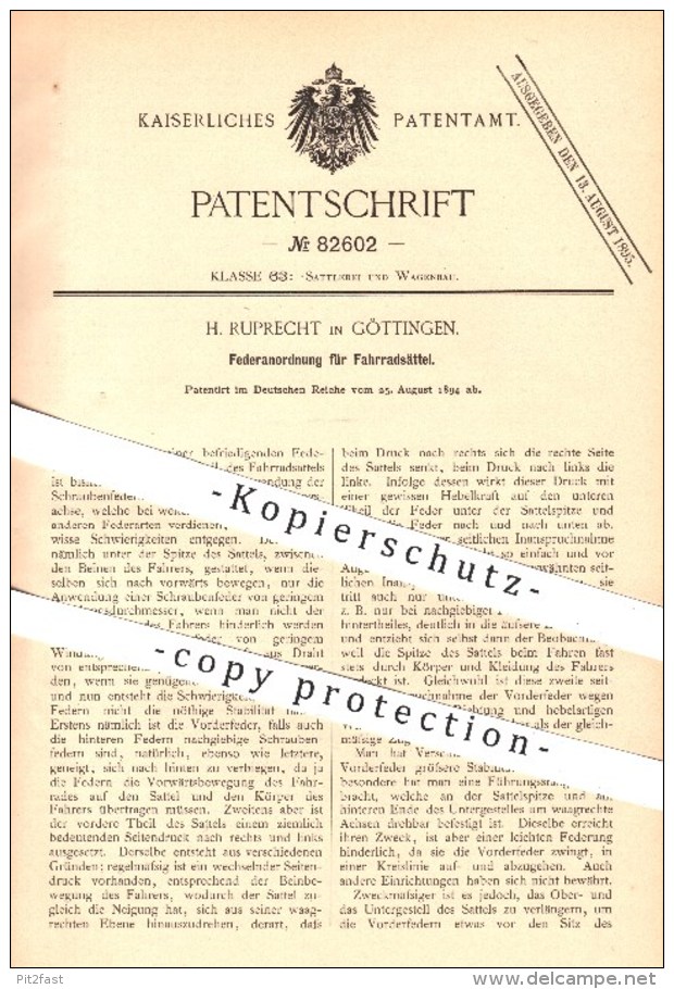 Original Patent - H. Ruprecht In Göttingen , 1894 , Federanordnung Für Fahrradsättel , Sattel , Fahrrad , Fahrräder !! - Historische Dokumente