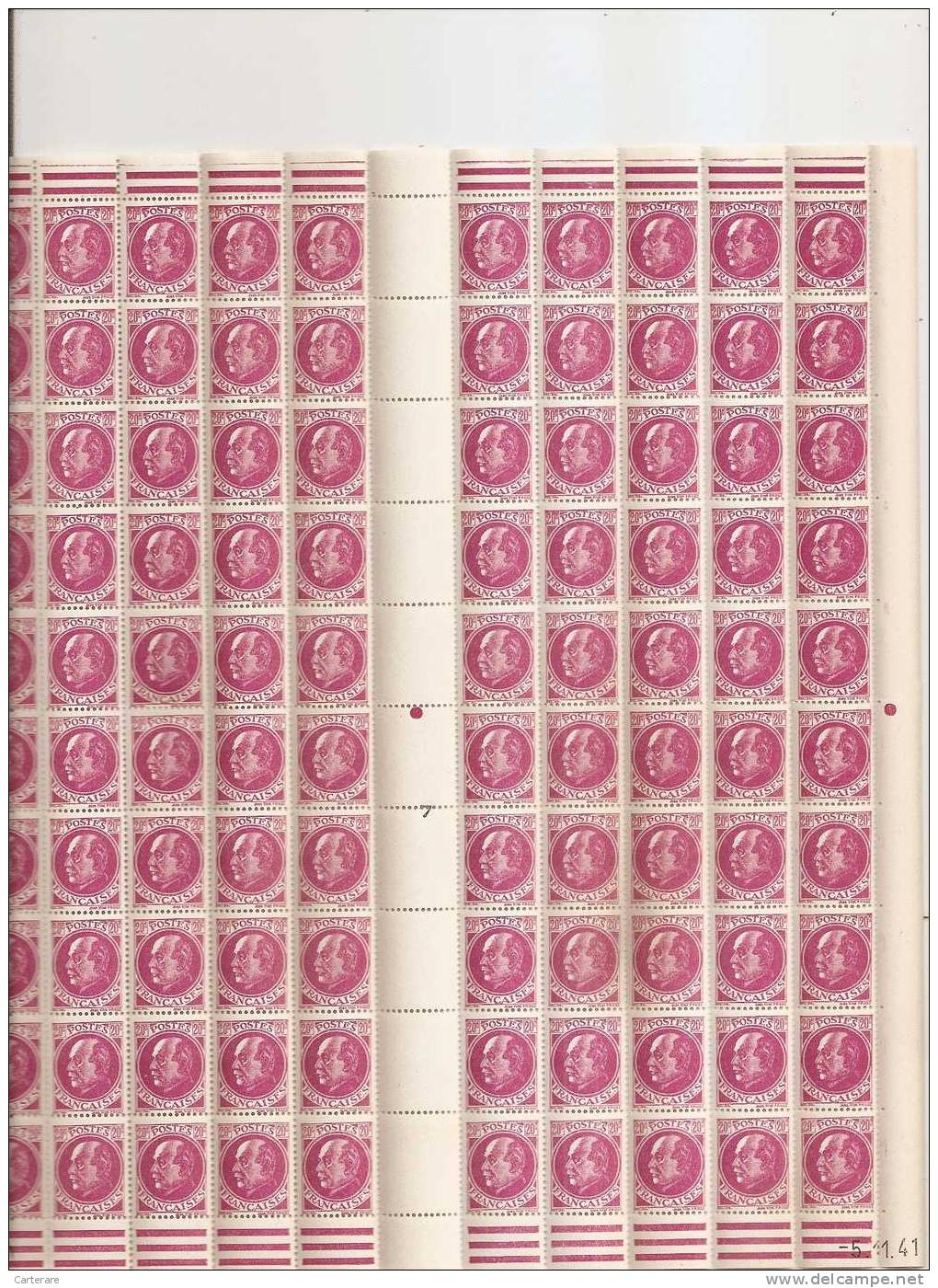 Feuilles Complètes,Planche 100 Timbres,farfaite,Maréchal Pétain,1941,gravé Par Jean Vital Prost,20c Lilas Rose,505,rare - Feuilles Complètes