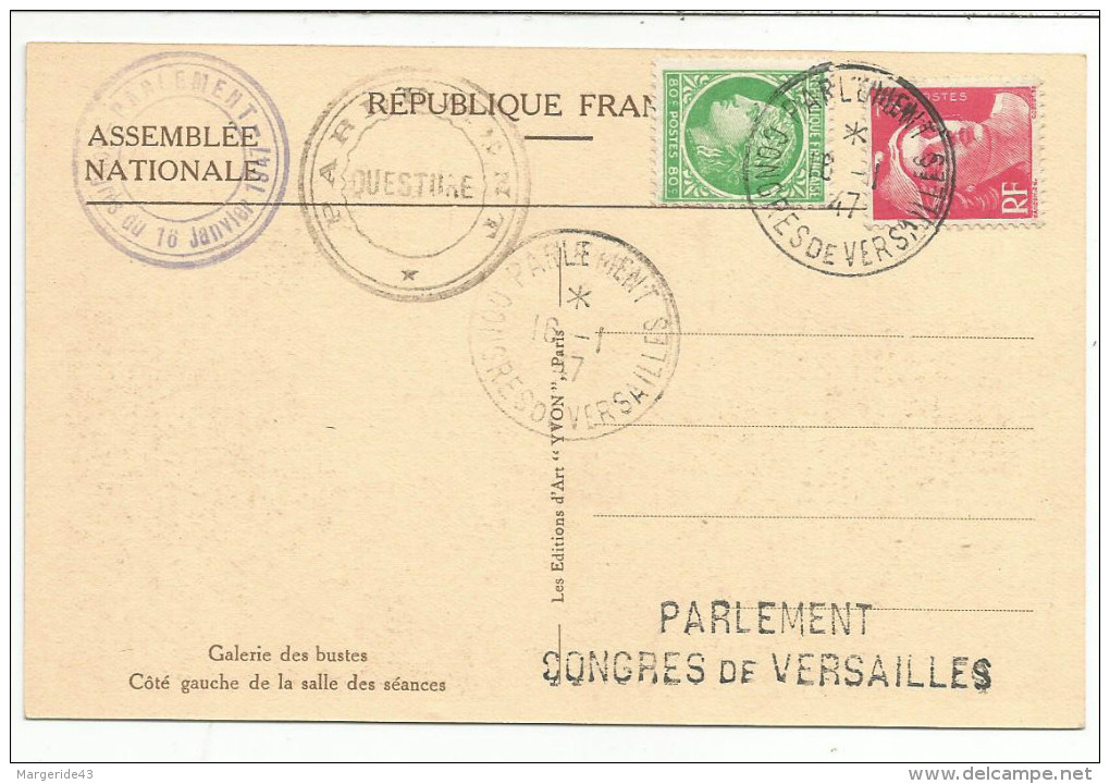 OBLITERATION SUR CARTE VERSAILLES CONGRES PARLEMENT DU 6/1/1947 - Temporary Postmarks