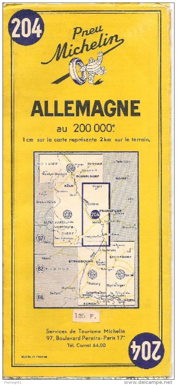 CARTE-ROUTIERE-MICHELIN-N°204-1956-ALLEMAGNE-TBE - Callejero