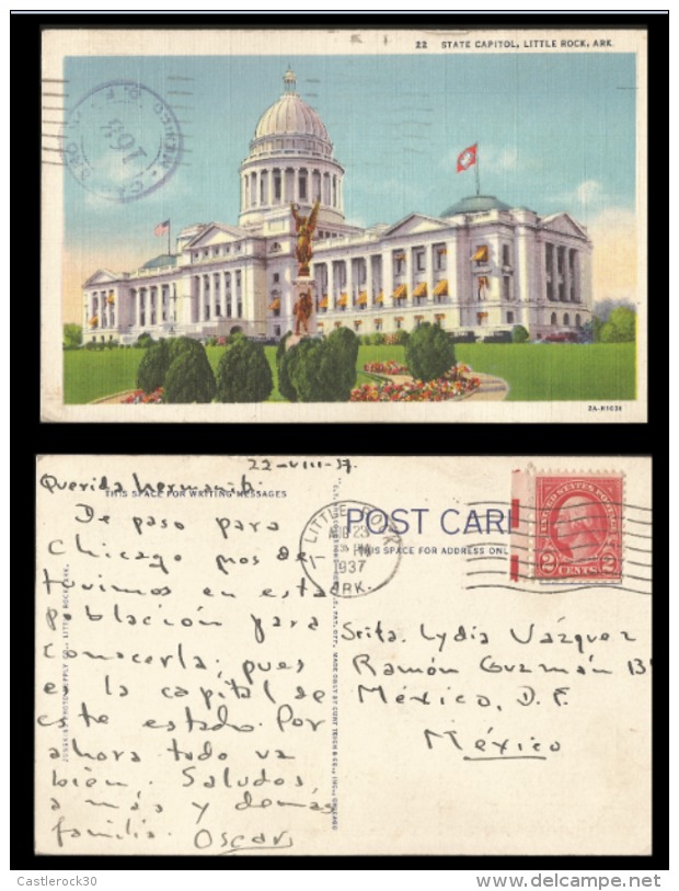 B)1937 USA, ARCHITECTURE, BUILDINGS, TWO CENTS RED WASHINGTON, STATE CAPITOL, LITTLE ROCK, ARK, VINTAGE POSTCARD - Autres & Non Classés