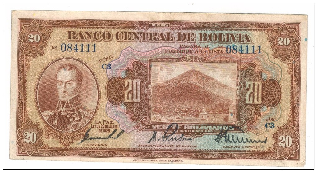 Bolivia 20 Bs. 1928, VF+, Free Ship. To USA. - Bolivia