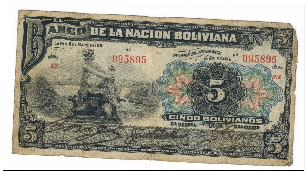 Bolivia 5 Bs. 1911, Used, See Scan, ZZ Series , Free Ship. To USA. - Bolivia