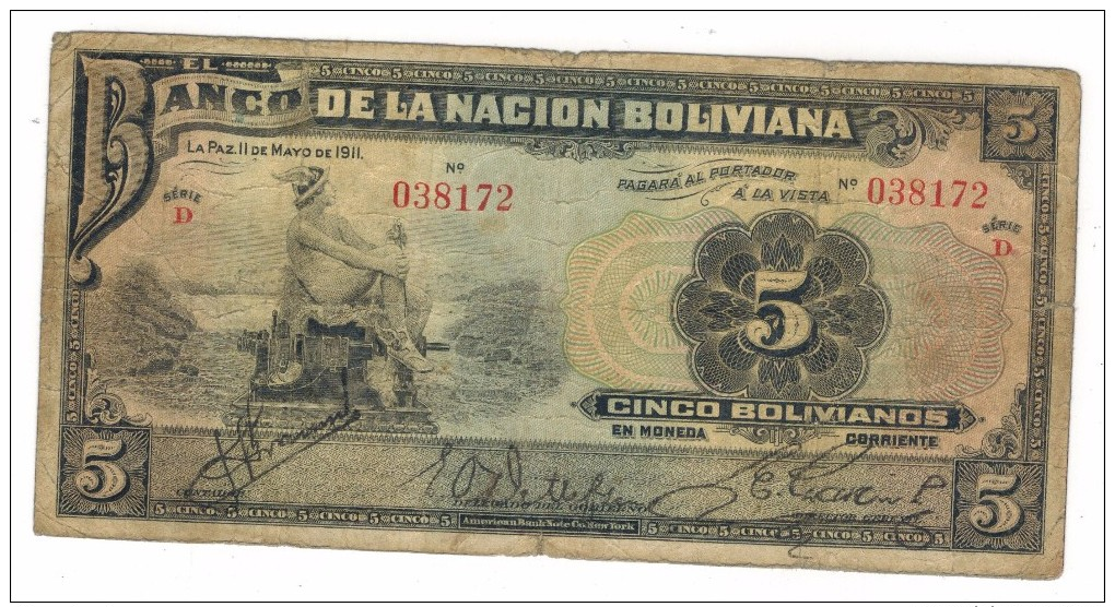 Bolivia 5 Bs. 1911, Used, See Scan, D Series . - Bolivia