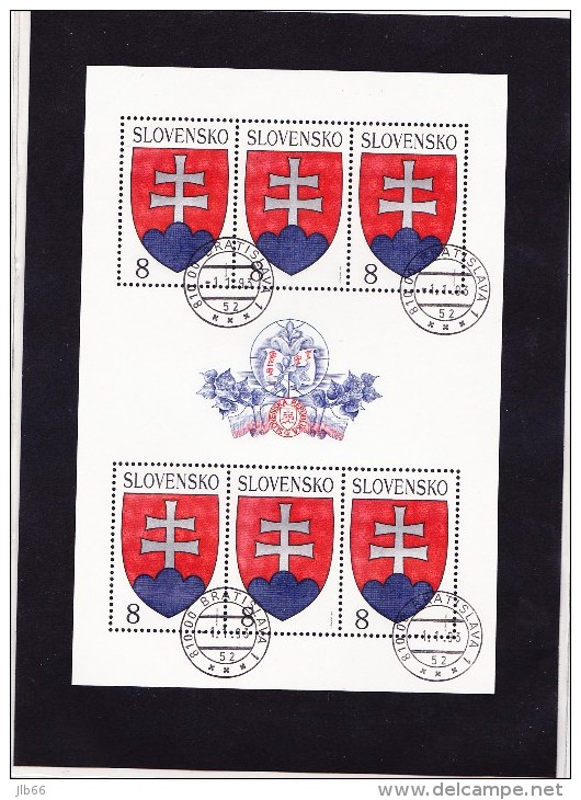 Feuillet De 6 Timbres Oblitéré Armoiries  YT 128 / Mi 162  (1ère émission De La Slovaquie) - Blocks & Kleinbögen