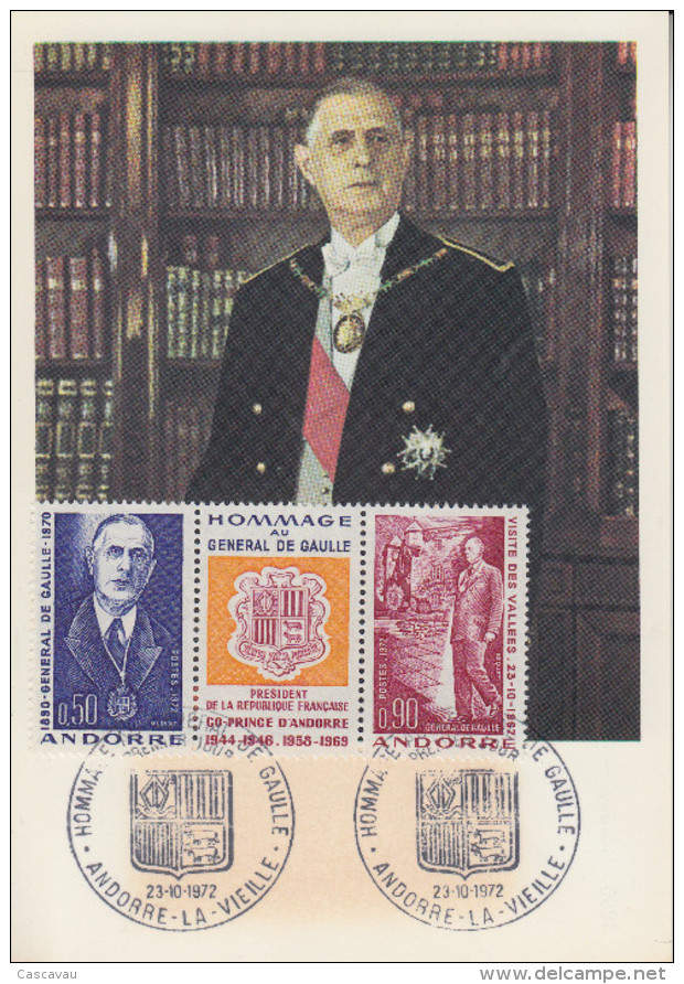 Carte  Maximum  1er  Jour  ANDORRE   Triptyque   CHARLES   DE   GAULLE     1972 - Cartes-Maximum (CM)