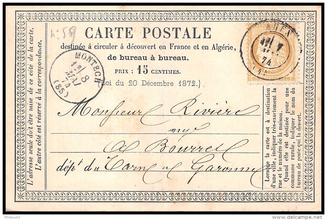 1280 Lettre France - N°59 AGEN 07/05/74 Carte Postale Précurseur N°OFF10 Pour Montech Tarn-et-Garonne - 1849-1876: Période Classique