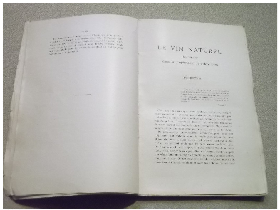 "LE VIN NATUREL"   Sa Valeur Dans La Prophylaxie De L´alcoolisme.  Par Le Dr Paul Martin.    1933. - Scienza