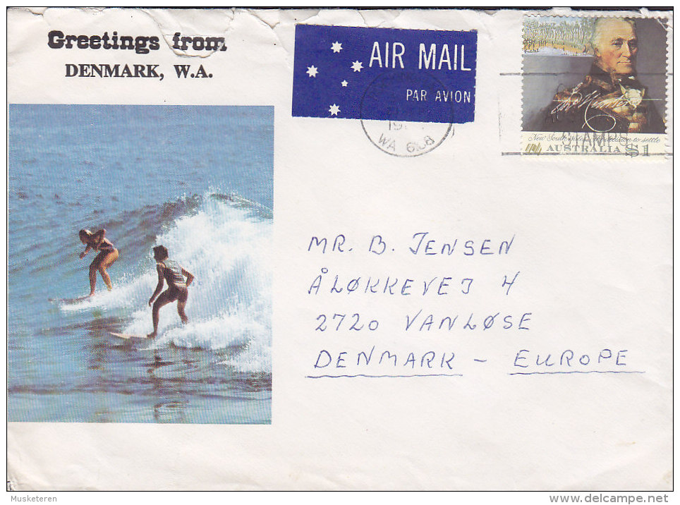 Australia Airmail Par Avion Label Greeting From DENMARK (W.A.) Surfing Cachet 1986? Cover VANLØSE Denmark $1 Hunter - Brieven En Documenten