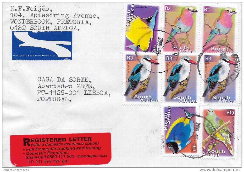 2 SCANS - TIMBRES - STAMPS - LETTRE RECOMMANDÉ POUR PORTUGAL - AFRIQUE DU SUD - TIMBRES DIVERS OISEAUX ET POISSONS - Lettres & Documents