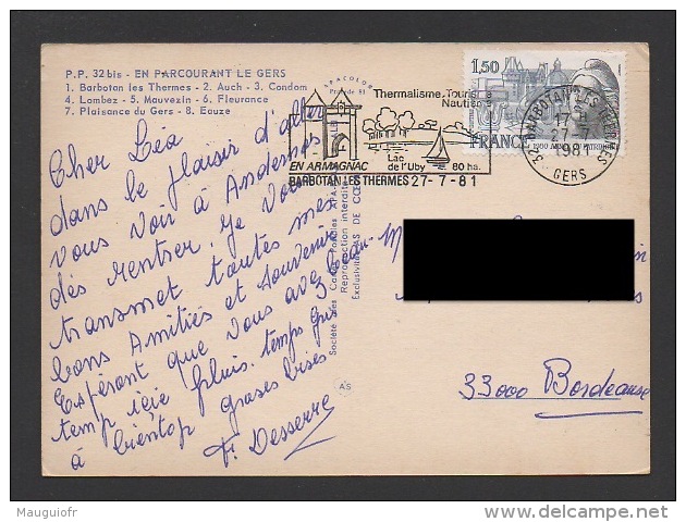 DF / FRANCE SUR CPM / TP 2092 ANNÉE DU PATRIMOINE / OBL. 32 BARBOTAN LES THERMES 27 -7 1981 GERS + FLAMME BARBOTAN - Storia Postale