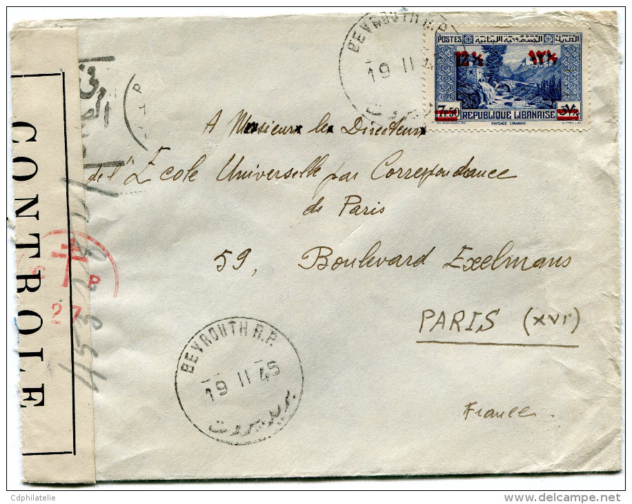 LIBAN LETTRE CENSUREE DEPART BEYROUTH R.P. 19 II 45 POUR LA FRANCE - Lebanon