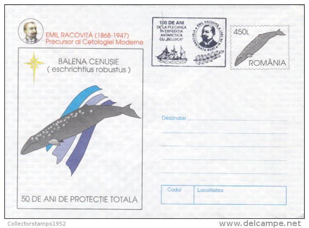 41543- GREY WHALE, BELGICA ANTARCTIC EXPEDITION, SHIP, E. RACOVITA, COVER STATIONERY, 1997, ROMANIA - Spedizioni Antartiche