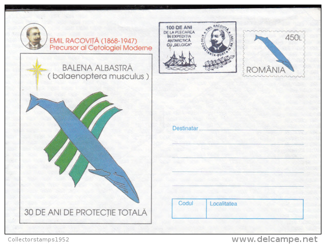 41545- BLUE WHALE, BELGICA ANTARCTIC EXPEDITION, SHIP, E. RACOVITA, COVER STATIONERY, 1997, ROMANIA - Spedizioni Antartiche