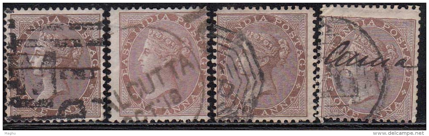 British East India Used 1865, Elephant Watermark, One Anna X 4 Diff., Shades - 1854 East India Company Administration