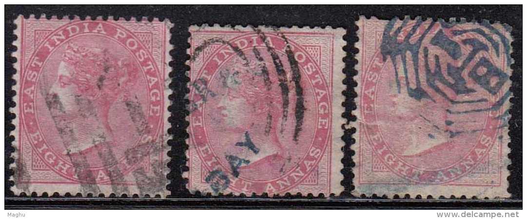 3 Diff Shade Eight Annas, Cooper / Renouf British East India Used 1865 -1868 Elepahant Wmk, Early Indian Cancellations - 1854 East India Company Administration