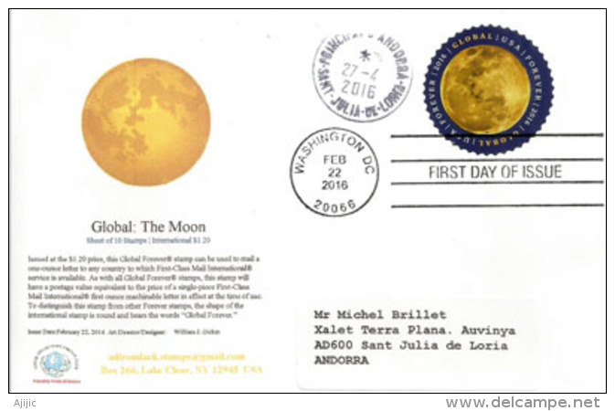 GLOBAL STAMP: THE MOON (timbre Rond), Affranchissement International. Premier Jour Washington Année 2016, - North  America