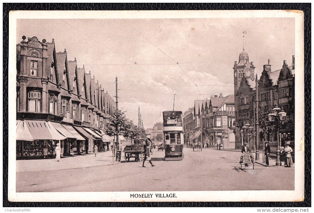 OLD PHOTO CARD " MOSELEY VILLAGE  " SUPERB ANIMATION - BUS - Birmingham