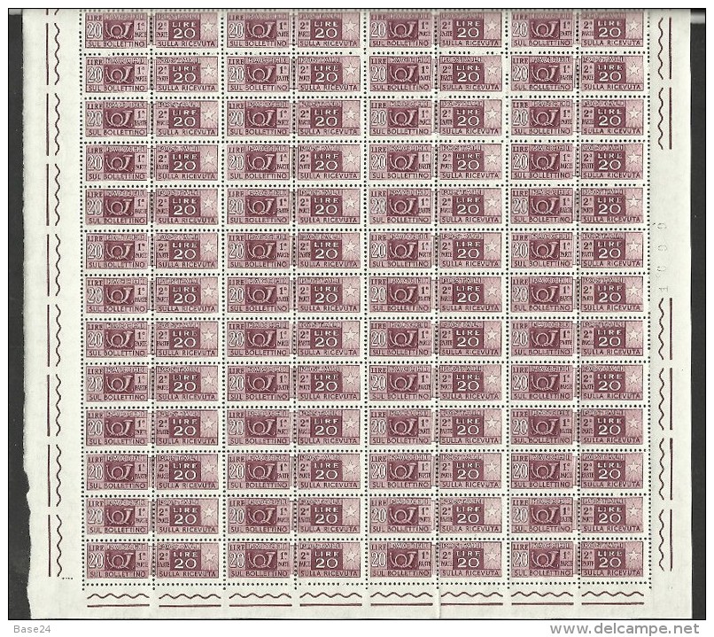 1955 Italia Italy Repubblica PACCHI POSTALI 20 Lire Fil. Stelle (86) In Foglio Di 60 MNH** Sheet - Pacchi Postali