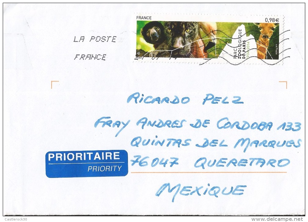 E)2014 FRANCE, PARIS ZOO, SIFACA (MONKEY), PANTHER, FLAMENCO, GIRAFFE, THE GREAT ROCK, CIRCULATED COVER TO MEXICO, RARE - Lettres & Documents