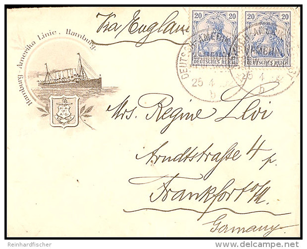 1902, DASP HAMBURG NEW-YORK B 25.3., 2x Recht Klar Auf HAPAG-Vordruckbrief Mit 2x 20 Pfg Germania Nach Frankfurt,... - Autres & Non Classés