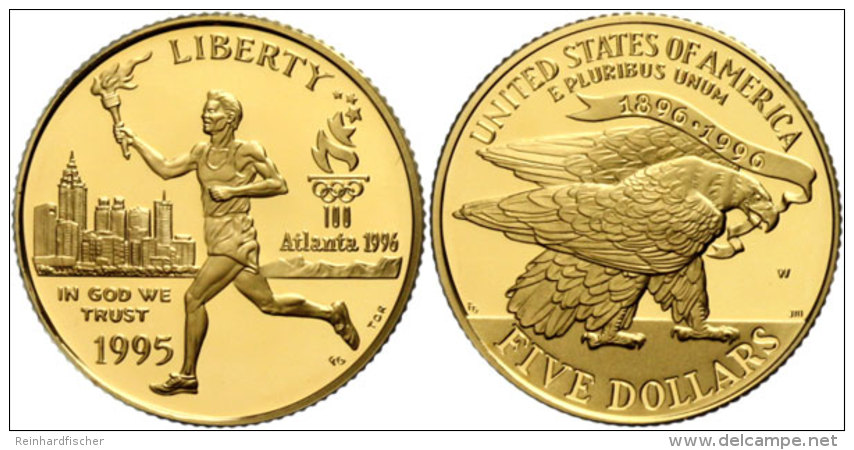 5 Dollars, Gold, 1995, XXVI. Olympiade Atlanta 1996-Fackelläufer, KM 261, Fb. 208, In Kapsel, PP.  PP5... - Autres & Non Classés