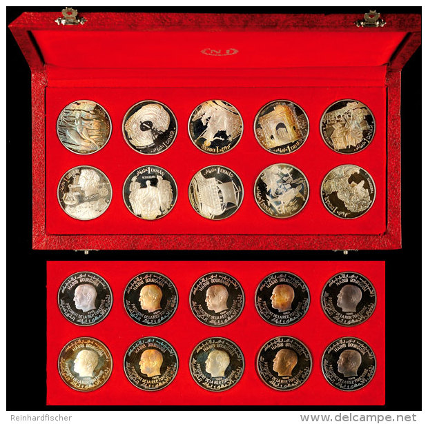 1 Dinar Silber, 1969, Geschichte Tunesiens, Komplette Serie Zu 10 Münzen In Originalschatulle, Schön Nr.... - Tunisie