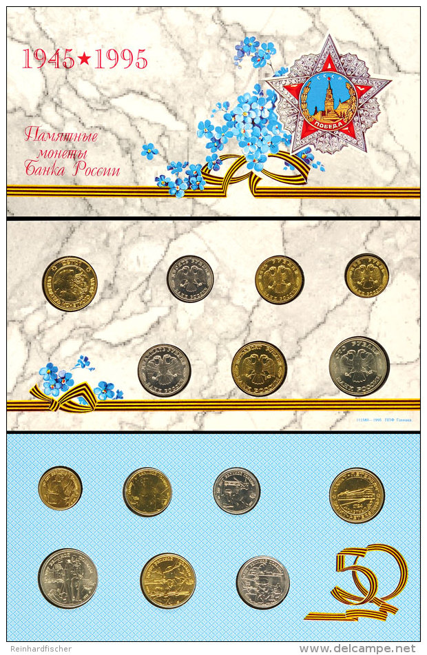 1 Rubel-100 Rubel, 1995, Kursmünzensatz, 50 Jahre Ende Des 2. Weltkriegs, Im Originalfolder Mit Umschlag... - Russie