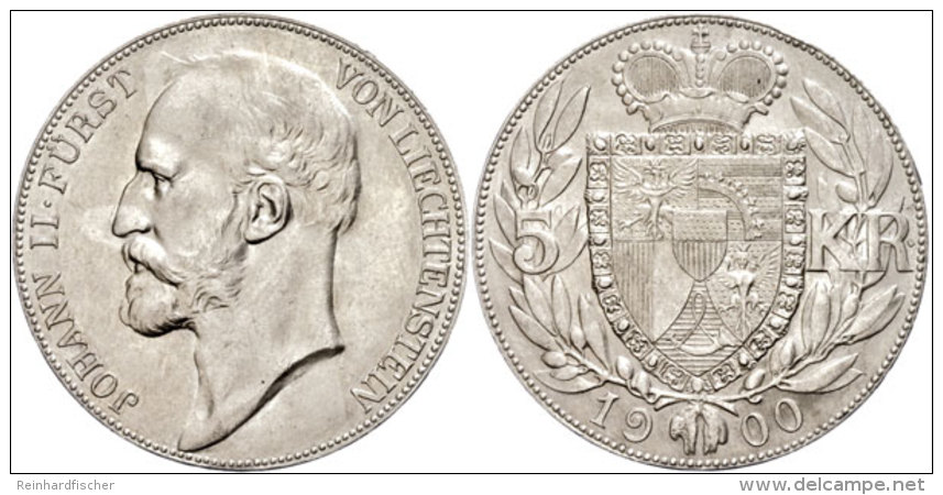 5 Kronen, 1900, Johann II., Divo 93, Vz+.  5 Coronas, 1900, Johann II., Divo 93, Extremly Fine . - Liechtenstein