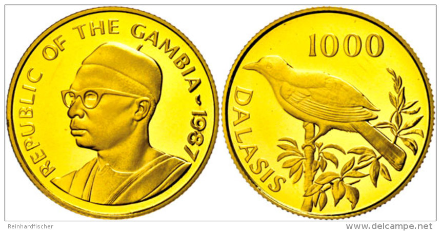 1000 Dalasis, Gold, 1987, Gambia-Schneeballwürger, Auflage 5000 Stück, 10g Aus 916er Gold, Sch. 25, PP. ... - Gambie