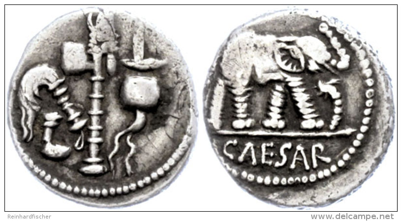 C. Iulius Caesar, Denar (3,32g), 49/48 V. Chr., Heeresmünzstätte In Gallien. Av: Elefant Nach Rechts... - République (-280 à -27)